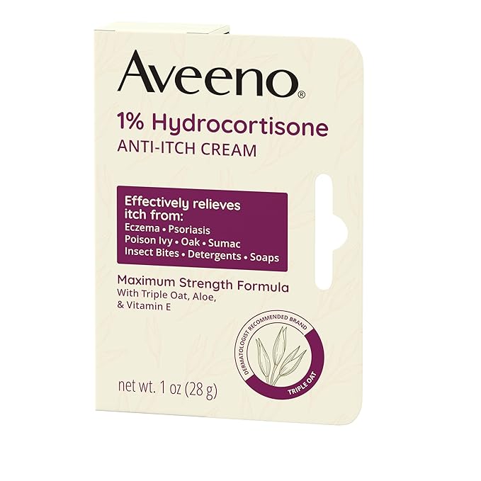 Aveeno Maximum Strength 1% Hydrocortisone Anti-Itch Cream, Triple Oat, Aloe & Vitamin E For Itch Relief From Eczema, Psoriasis, Insect Bites, Poison Ivy, Oak & Sumac & Detergents, 1 oz, 2 Pack