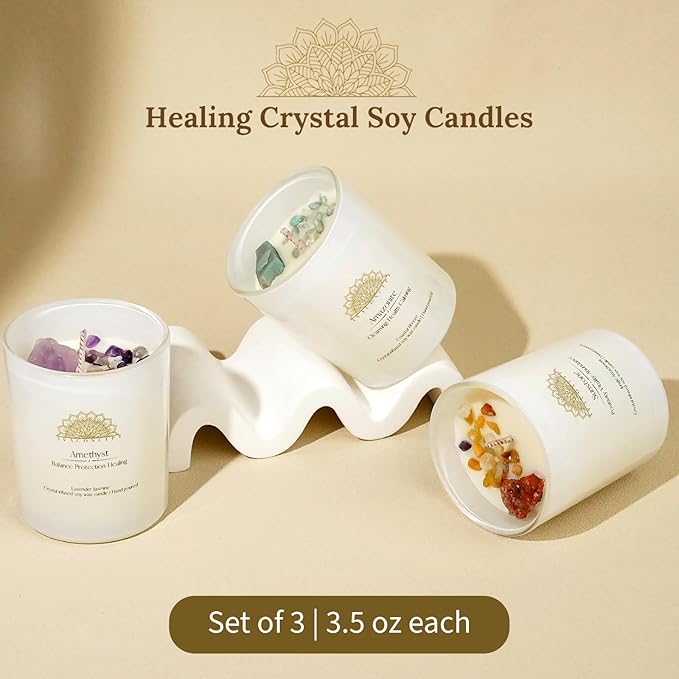 Healing Crystal Candles Gift Set for Women, 3 Pack Aromatherapy Soy Candles with Real Amethyst Amazonite Sunstone, Lavender Jasmine Coastal Breeze Scented Candles, Meditation Chakra Energy - 3.5oz