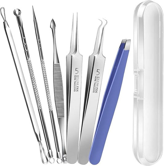 Teenitor 7 Pcs Pimple Popper Tool Kit, Surgical Grade Blackhead Remover Tools, Ingrown Hair Tweezers, Blackhead Extractor Pimple Extractor, Black Head Remover for Face