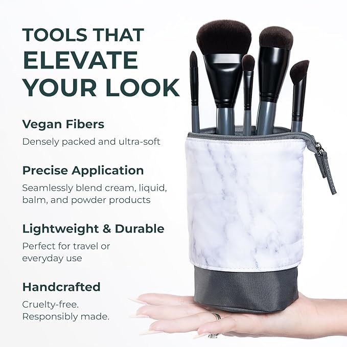 Rose and Ben Beauty Essential 5 Piece Makeup Brush Set and Travel Case | Professional Eye and Face Brushes for Liquid, Cream and Powder Formulas | Cruelty Free