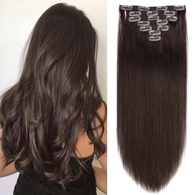 18" Clip in Human Hair Extensions Full Head 150g 7 Pieces 16 Clips 2# Dark Brown Double Weft Brazilian Real Remy Hair Extensions Thick Straight Silky (18",150g Dark Brown)