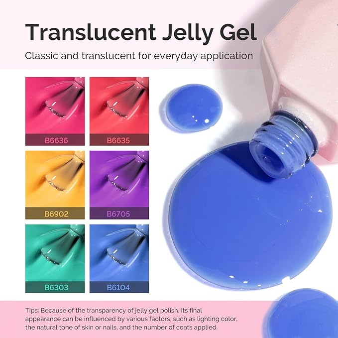 MelodySusie Jelly Gel Nail Polish Set,6 Transparent Colors,Jelly Texture,Neon Splash Colors Soak Off UV LED Light Cure or Salon Manicure and Nail Art DIY at Home