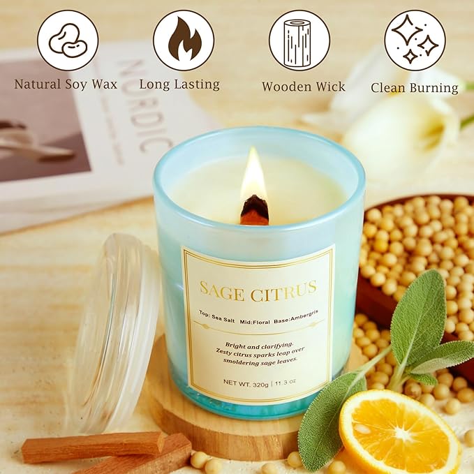 2 Pack Candles for Home Scented,Wood Wick Sage Citrus Scented Candle,22.6 oz 150 Hour Long Burning Lasting, Natural Soy Wax Candles Gifts Set,for Christmas Day
