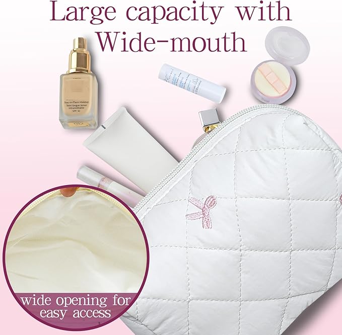 Quilted Makeup Pouch,Cotton Puffy Makeup Bag, Coquette Cosmetic Bag for Women and Girls, Aesthetic Organizer Bag, Cute Flower Travel Toiletry Bag