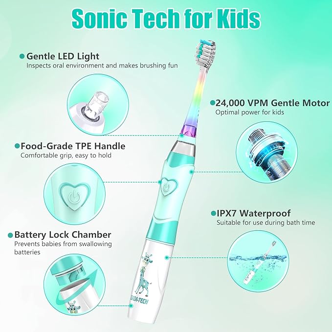 Kids Electric Toothbrush Toddler Toothbrush Age 2-4-8-12 Electric Toothbrush Kids with Timer Rainbow LED Light Up Vibrating Toothbrush Battery Operated Childrens Sonic Tooth Brush (Green Giraffe)