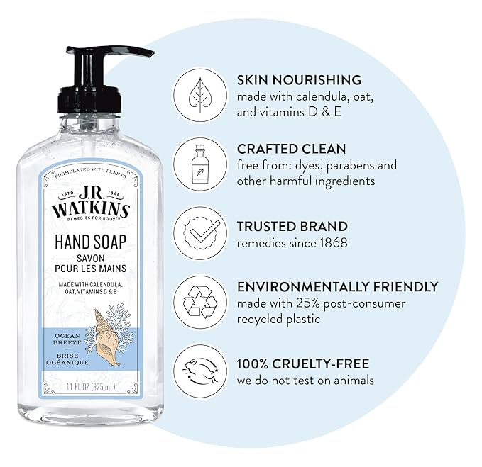 J.R. Watkins Gel Hand Soap, Scented Liquid Hand Wash for Bathroom or Kitchen, USA Made and Cruelty Free, 11 fl oz, Ocean Breeze, 3 Pack