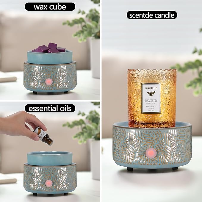 Electric Wax Melt Warmer 4-in-1 Candle Warmer for Scented Wax Melter Cute Ceramic Fragrance Wax Burner for Home Office Bedroom Deco Gift for Women Blue