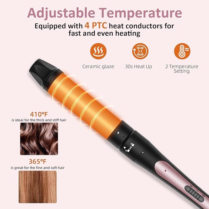 6 in 1 Curling Iron, 6 Interchangeable PTC Ceramic Barrels (0.35"-1.25"), Curling Wand Set for Long/Short Hair, 2 Temp Heating Setting, Contain Comb & Protective Glove & 2 Clips