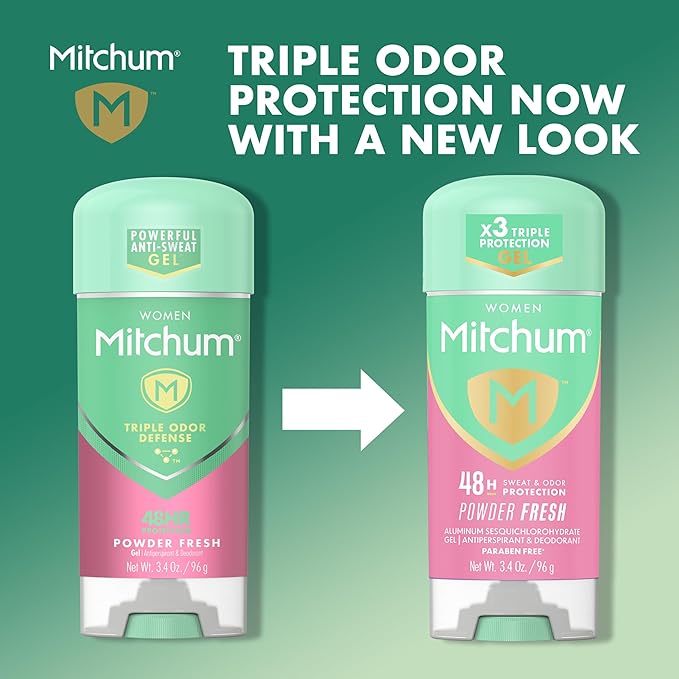 Mitchum Women’s Antiperspirant Deodorant Gel Stick, Powder Fresh Scent, 48HR Sweat & Odor Protection, Triple Odor Defense, Alcohol-Free, 3.4 oz