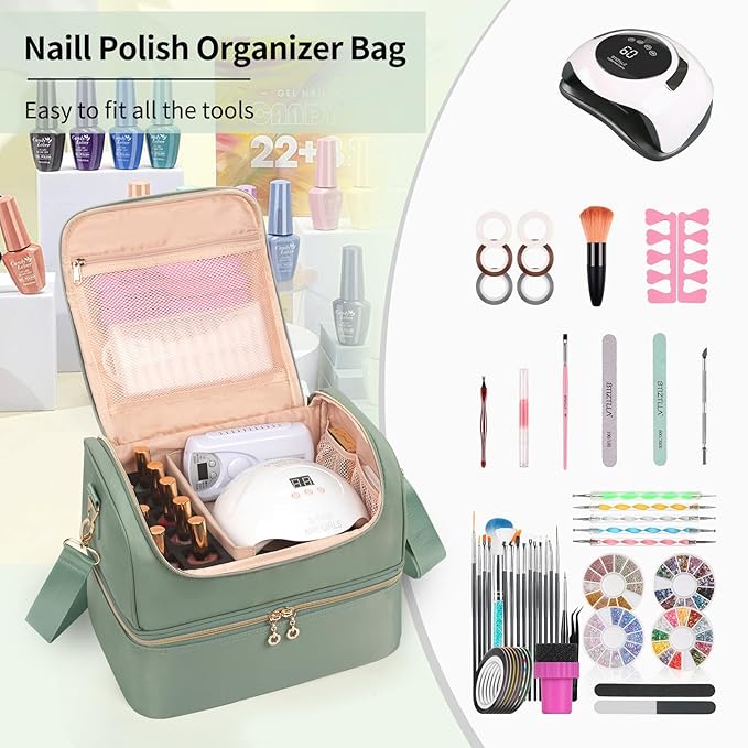 Nail Polish Organizer Case, Nail Supplies Storage Box Holds 45 Bottles Nail Polish & Nail Lamp, Travel Nail Tech Carrying Case, Nail Kit Bag For Nail Stuff & Manicure Tools