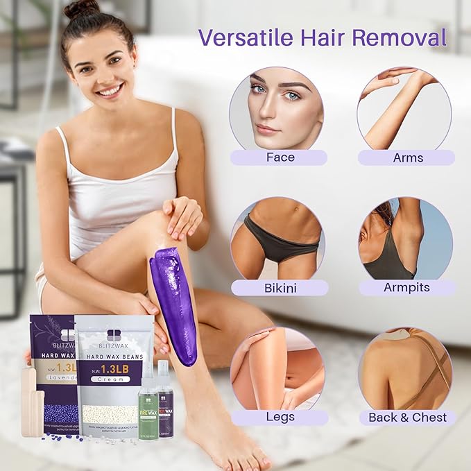 BLITZWAX 2.6lbs Hard Wax Beads for Hair Removal, Lavender and Cream Hot Waxing Beans for Sensitive Skin, Face, Brazilian and Bikini, with 30 Waxing Sticks and 2 Wax Oils for Women and Men, 2 Packs