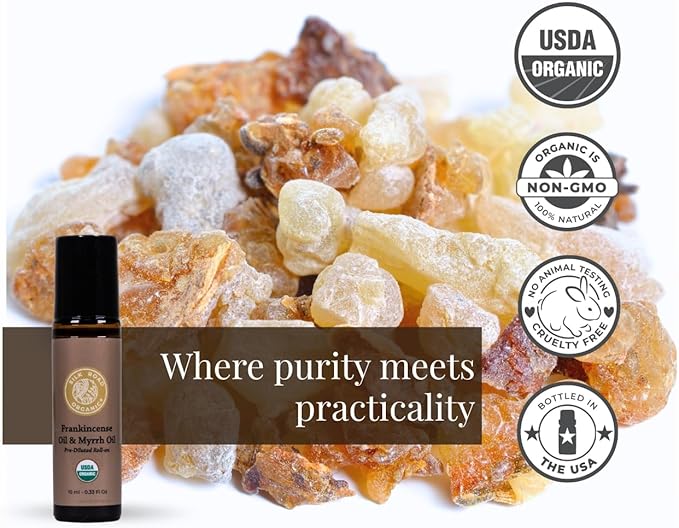 Silk Road Organic Frankincense Oil & Myrrh Essential Oil Roll On, USDA Certified, Body Aches, Stiffness & Tingling - 10 ml Aromatherapy Roller