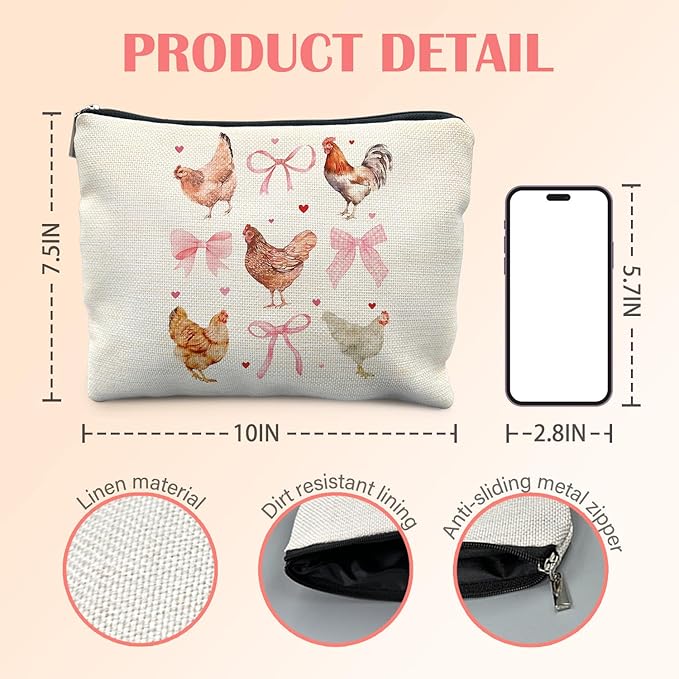 Coquette Pink Bow Chicken Makeup Bag for Women, Chicken Lover Gifts, Preppy Cottagecore Cosmetic Bag for Purse, Cute Rooster Hen Farm Animal Makeup Zipper Pouch