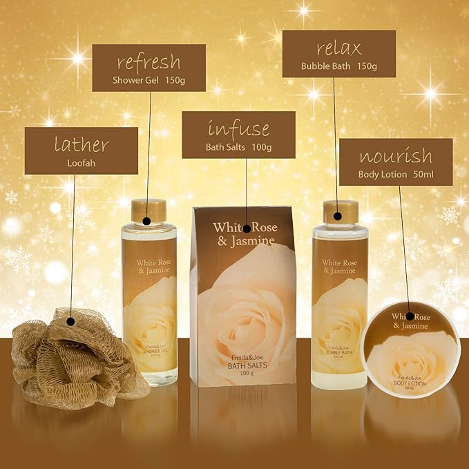 White Rose Jasmine Spa Set For Women in Elegant Gold Tub Includes Shower Gel, Bubble Bath, Body Lotion, Jasmine Bath Salt, Pouf, Award Winning Bath Body Set