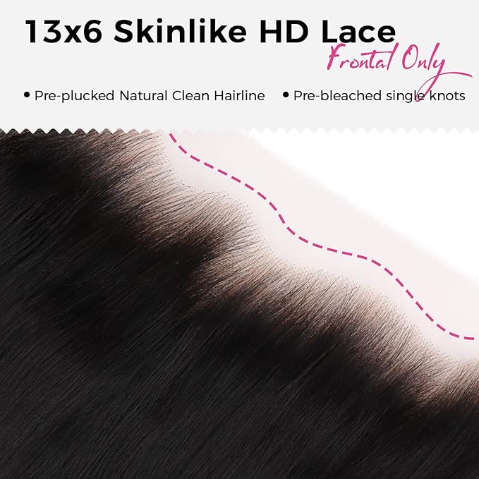 Lashey 13x6 SKINLIKE HD Lace Frontal Human Hair Straight, 0.10mm Ultra-Thin Invisible Melted Swiss Real HD Lace Pre Bleached Knots Pre Plucked Hairline Human Hair 18 Inch