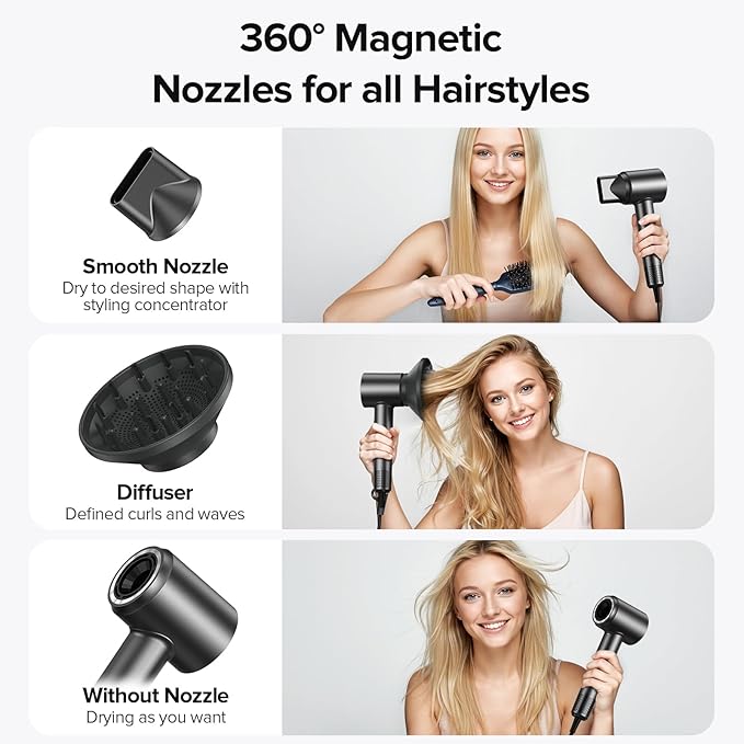Hair Dryer, 150000 RPM Brushless Motor with 500M Negative Ions, Fast-Dry Lightweight Design, ThermoControl & Magnetic Nozzle/Diffuser, Low Noise Salon Blow Dryer for All Hair, Travel, Home