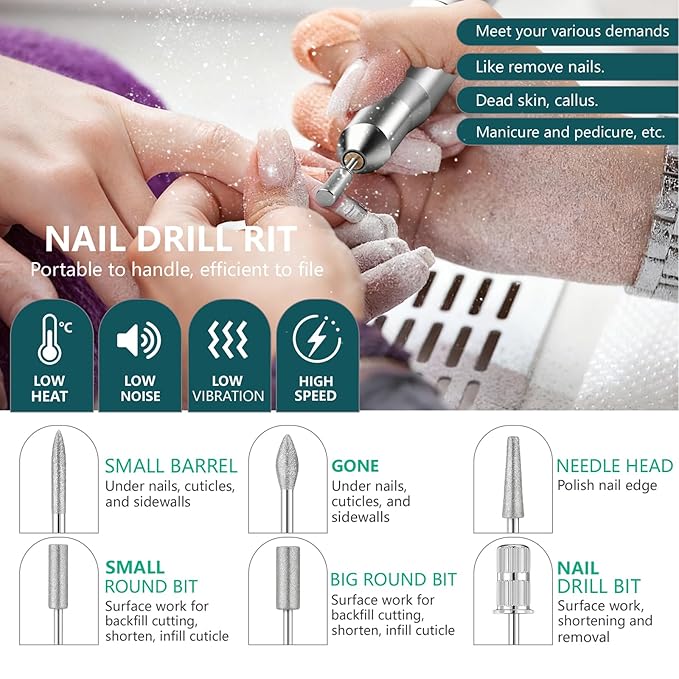 Professional Nail Drill Electric File, GEEZO 55000RPM Portable Cordless Nail Drill Machine with Bits, Rechargeable E File for Acrylic & Gel Nails, Manicure & Pedicure Tech Tool for Home Salon (Green)