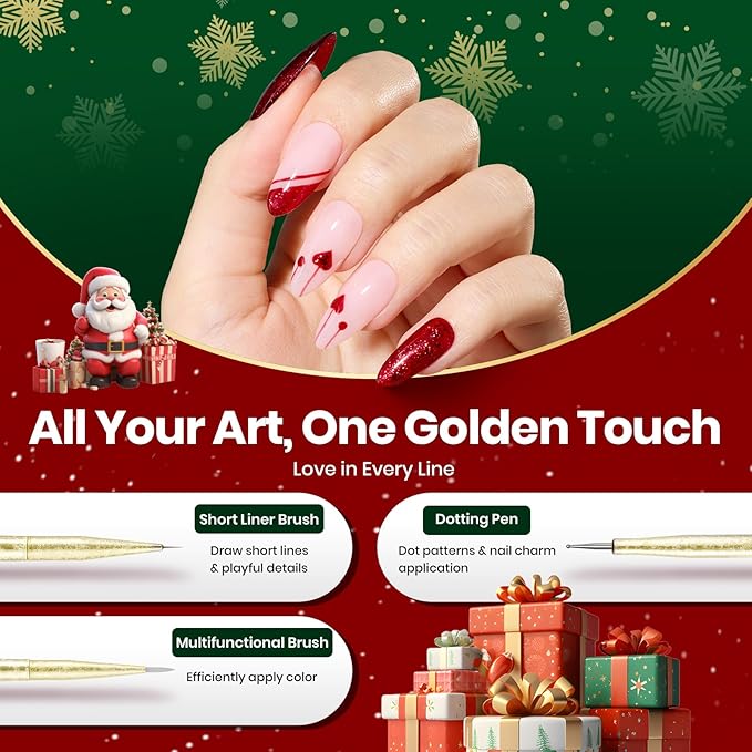 Beetles Christmas Nail Art Brushes 6pcs – Golden Gleam Nail Art Tools Liner Brushes for Nails Dotting Tool Gradient/French/Petal Manicure Design Pen with Star Palette Holder Nails Stickers Pouch Bag