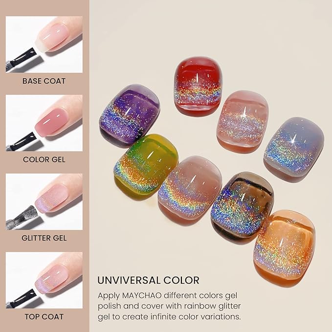 MAYCHAO 15ML Rainbow Cat Eye Gel Nail Polish 1Pc Holographic Glitter Cat Eye Nail Polish with Magnet Soak off Magnetic Gel Polish for Nail Art Manicure Salon DIY at Home, 0.5 OZ
