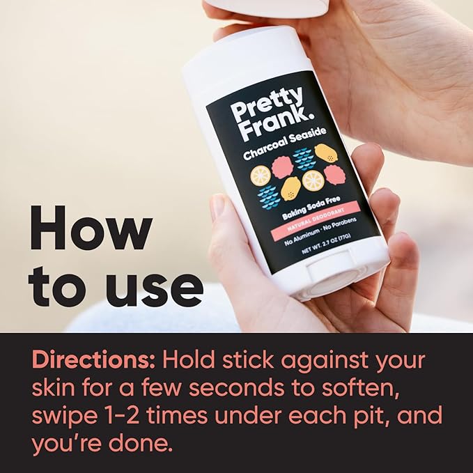 Pretty Frank Natural Aluminum-Free Deodorant Stick with Charcoal, Baking Soda-Free, Charcoal Seaside (1-Pack) | Sensitive Skin Friendly, Effective Odor Control for Women & Men, Organic Ingredients