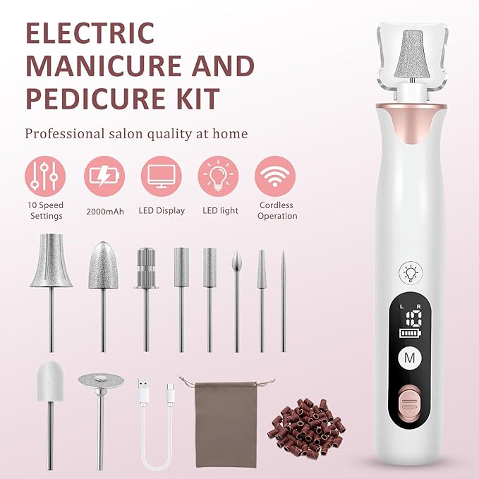 Electric Nail Drill Kit Cordless Professional Manicure Pedicure Nail File Buffer for Acrylic Nails Gel Polishing Removing Manicure Salon Home with Nail Drill Bits Sanding Bands