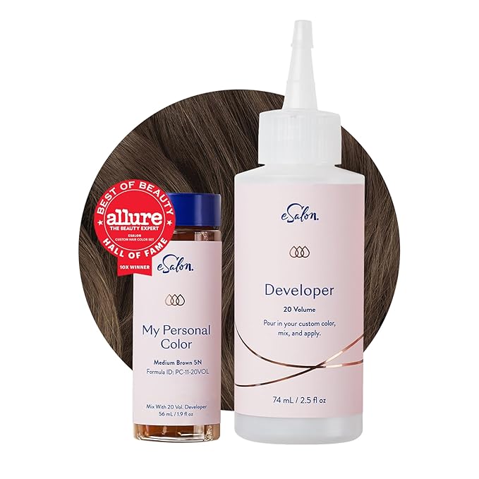 eSalon Permanent Hair Color & Dye Kit - Medium Brown - Personal Colorist for Up To 100% Gray Coverage, All Hair Types - Professional-Grade Ammonia-Free Hair Dye