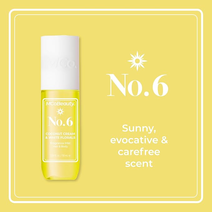 MCoBeauty - Fragrance Mist No. 6 - Light Body Mist and Hair Perfume Coconut Cream & White Florals, Tropical Notes for Day or Night - Vegan, Cruelty Free - Gifts for Women, Feminine Spray - 90ml Bottle