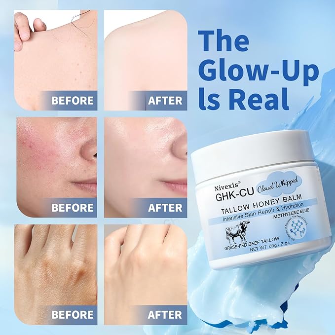 Methylene Blue Whipped Beef Tallow for Skin, Grass Fed Beef Tallow and Honey Balm for Face & Body, with Copper Peptides GHK-Cu Anti-Aging Moisturizer, Suitable for All skin types, 2 Oz