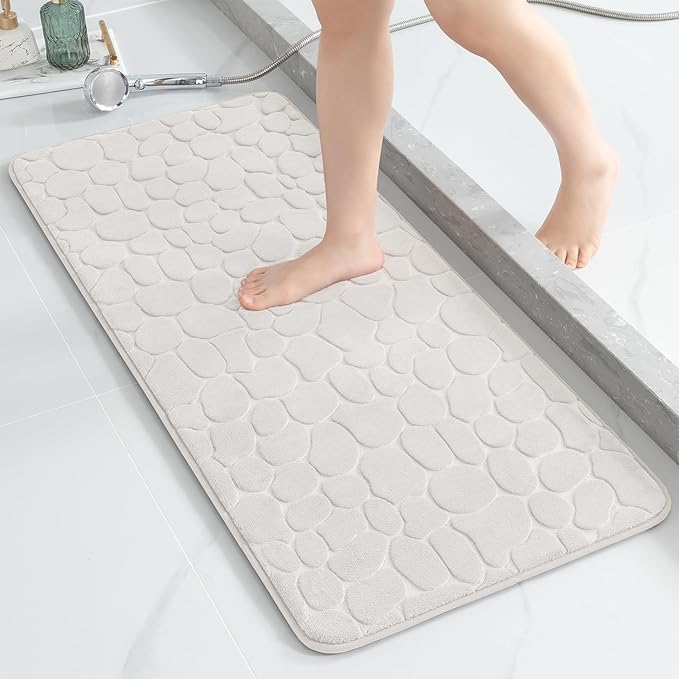 YIHOUSE Memory Foam Runner Rug, Cobblestone Bathroom Runner Rugs Super Water Absorbent Bath Mats for Bathroom Machine Washable Bath Rugs for Hallway Bedroom Laundry Room(20 x 47,White)