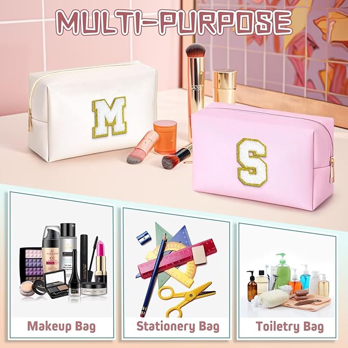 TOPEAST Personalized Makeup Bag, Chenille Letter Pouch Cosmetic Bag w Zipper, PU Leather Waterproof Toiletry Bag, Bridal Shower Gifts for Bridesmaids, Cute Stuff for Girls (White P)