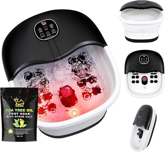 Collapsible Foot Spa Bath Massager with Heat Bubbles and Vibration Massage and Jets, 16oz Tea Tree Oil Foot Soak Epsom Salt, WHALSTAR Foot Bath Bucket With Red Light & Remote