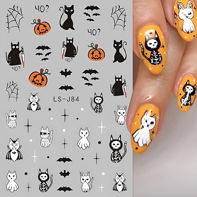 12 Sheets Halloween Nail Stickers for Nail Art 3D Self Adhesive Halloween Nail Decals Cute Ghost Nail Art Stickers Pumpkin Nail Design DIY Manicure Cat Bat Nails Supplies for Women Girls