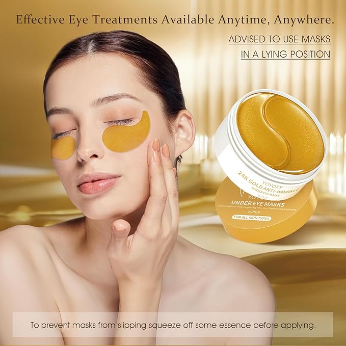 Under Eye Patches Masks - 24K Gold Eye Patch for Dark Circles & Puffy Eyesg,Fine Lines,Eye Bags, Wrinkle,Collagen Infused with Hyaluronic Acid, Hydration for Women and Men, (60 Pcs) Gold