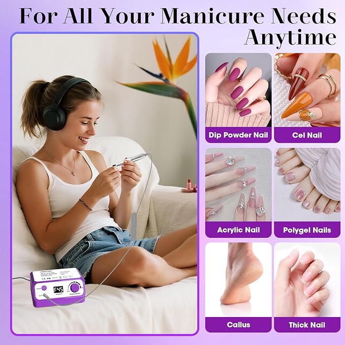 Electric Nail File Nail Drill Professional 35000RPM Electric E Filer for Nails with Sanding Bands and Nail Drill Bits for Acrylic, Gel Nail Manicure & Pedicure, Purple