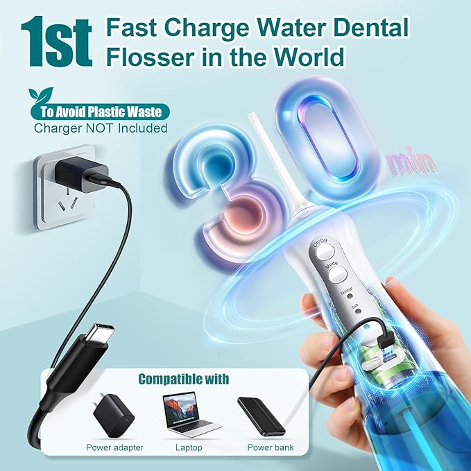 Nicefeel Water Dental Flosser Teeth Pick - Fast Charge Cordless Teeth Cleaner, 3 Modes Portable Oral Irrigator, IPX7 Waterproof Electric Water Dental Flosser for Tonsil Stone, 300ML Tank