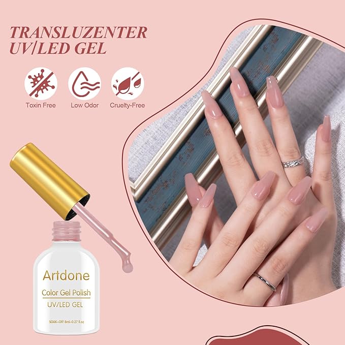 Artdone Sheer Gel Nail Polish Set Jelly UV Gel 6 Colors Translucent Milky White Pink Nude Brown Colors Nail Polish For All Seasons Neutral Soak off LED Lamp Gel Manicure Kit For Nail Art