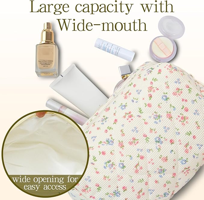Quilted Makeup Pouch,Cotton Puffy Makeup Bag, Coquette Cosmetic Bag for Women and Girls, Aesthetic Organizer Bag, Cute Flower Travel Toiletry Bag
