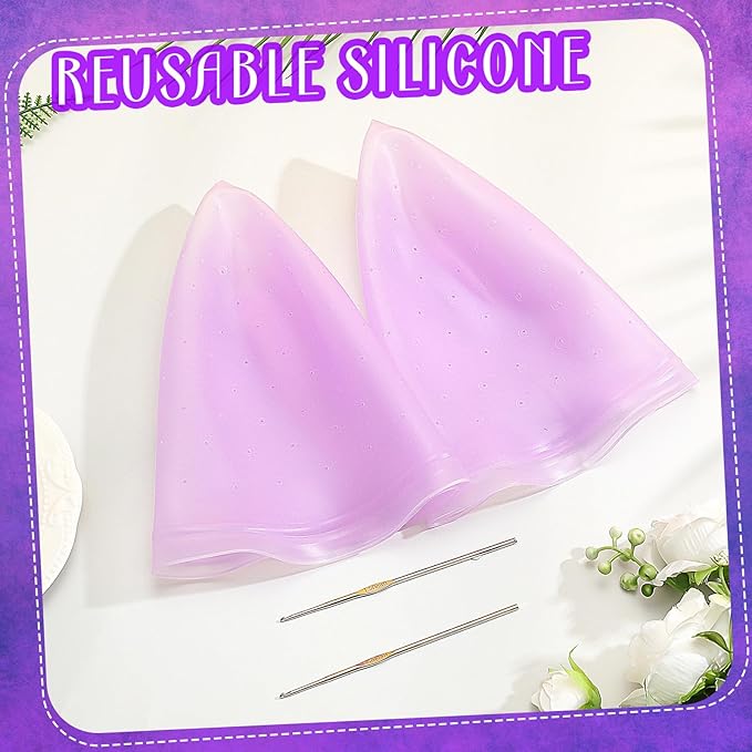 Jexine 2 Pcs Hair Coloring Highlighting Cap Reusable Silicone Highlight Cap with Holes and Hook for Hair Coloring, Frosting, Hairdressing & Highlighting, Salon Tools Kit (Purple)