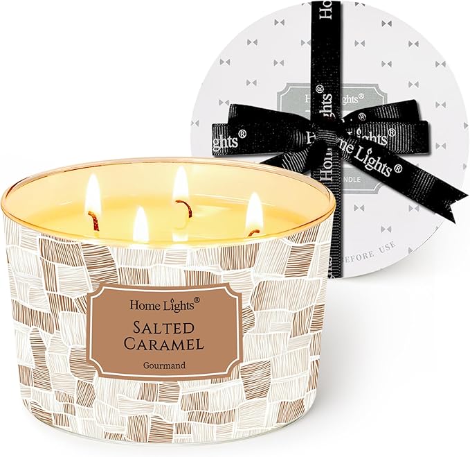 HomeLights Soy Wax Candles for Home Scented, 4-Wick Candles in Salted Caramel Scented, Rustic Modern Aromatherapy Candles Gift for Parties, Relaxing, 18oz