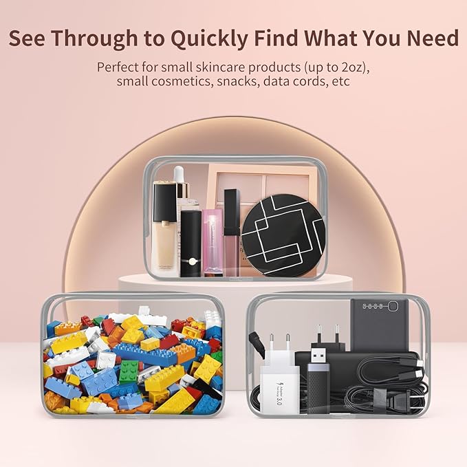 TISRATOK 12 PCS Clear Makeup Bag for Women with Zipper, TSA Approved Toiletry Pouch, Cosmetic Bag Bulk for Travel Organizer Essentials - Grey,Medium