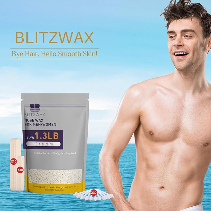 BLITZWAX 1.3lb Hard Wax Bead Kit for Men and Women Hair Removal, Cream Scent Wax Beans for Nose, Sensitive Skin, Brazilian, Body, Face, Waxing Pearls Bulk with 50pcs Sticks for Beginners and Home Use