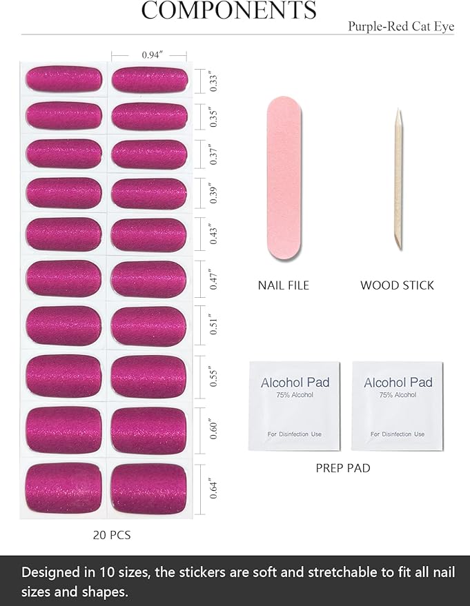 Semi Cured Gel Nail Strips (Purple-Red Cat Eye), 20 Pcs Gel Nail Wraps, Stickers, Salon Quality, Works With Any Lamps
