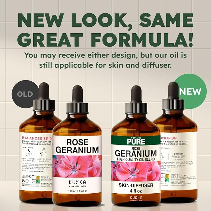 KUKKA Rose Geranium Essential Oils - 4 Fl Oz - for Hair, Skin, Diffuser, Aromatherapy & DIY Soap Making Scent