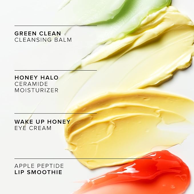 Farmacy Favorites Skin Care Set - Includes Green Clean Cleansing Balm, Wake Up Honey Eye Cream, Honey Halo Face Moisturizer & Lip Smoothie - Travel Size Skincare for Healthy, Glowing Skin (4 Count)