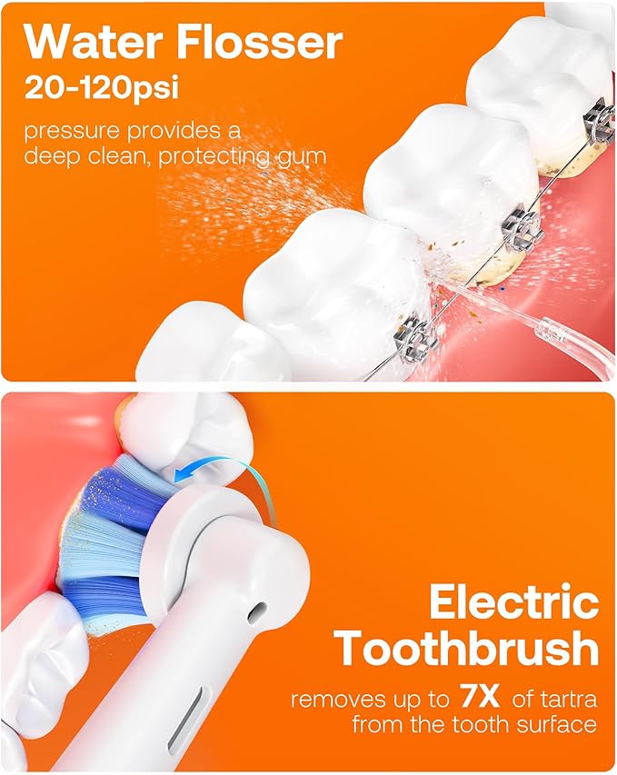 Bitvae Water Dental Flosser Teeth Picks, Cordless Water Flosser for Teeth, Braces, Dental Care and Rechargeable Rotary Electric Toothbrush Combo Set, 4 Tips, 4 Brush Heads, Waterproof, Black, C5+R1
