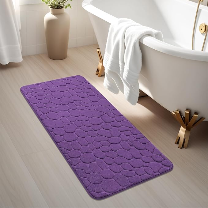 YIHOUSE Memory Foam Runner Rug, Cobblestone Bathroom Runner Rugs Super Water Absorbent Bath Mats for Bathroom Machine Washable Bath Rugs for Hallway Bedroom Laundry Room(20 x 47,Eggplant)
