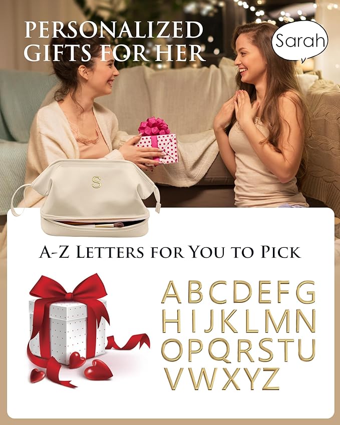 Teacher Appreciation Gifts-Initial Large Makeup Bag, Double Layer Cosmetic Bag with Makeup Brush Organizer, Birthday Gift Bag for Women/Girl PU Leather Toiletry Bag