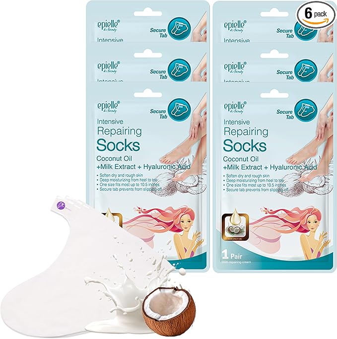 Epielle Intensive Repairing Foot Mask 6 Pairs, Deep Moisturizing Socks for Dry, Cracked Feet, Self Care Gifts for Women, Spa Kit, Stocking Stuffers, Thanksgiving Essentials