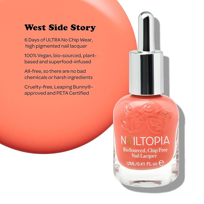 Nailtopia Bio-Sourced, Chip Free Nail Lacquer - All Natural, Strengthening Biotin and Superfood-Infused Polish - Chip Resistant Formula - Quick-Dry, Long Lasting Wear - West Side Story - 0.41 oz