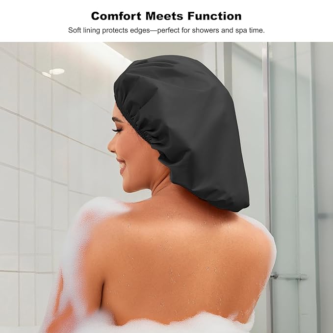 2 Pack Shower Caps for Women, Reusable Waterproof Shower Cap with Elastic Band, Thickened Waterproof Fabric Shower Bonnet for Braids, Long Hair (Black and Blue)